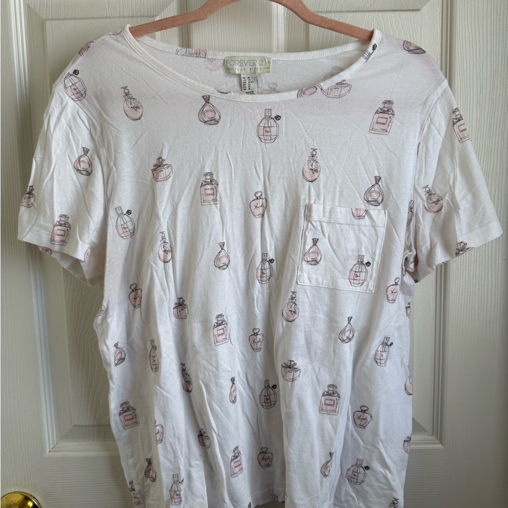 Forever 21 White and Pink Perfume Bottle Print Tee